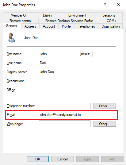 Active Directory user Properties General tab showing the address field
