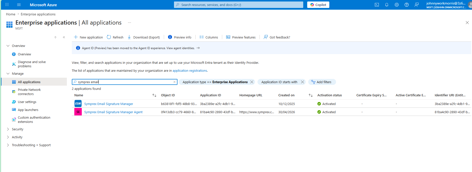 Entra ID enterprise applications search results for symprex email