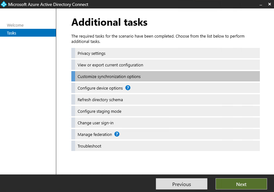 Entra Connect wizard showing the Customise synchronisation options step
